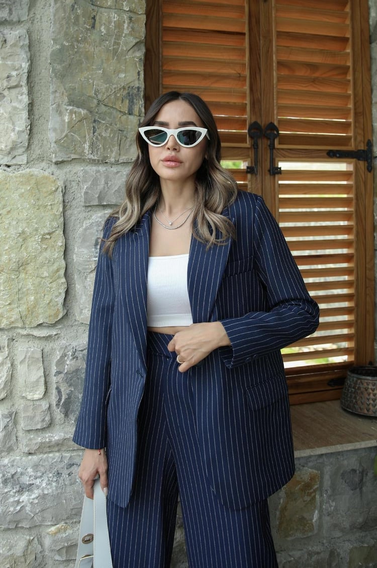 Lacivert Çizgili Never Pantolon Blazer Takım