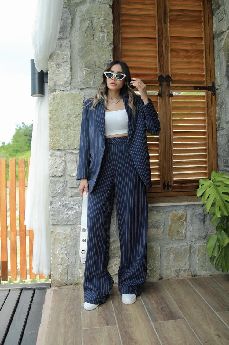 Lacivert Çizgili Never Pantolon Blazer Takım