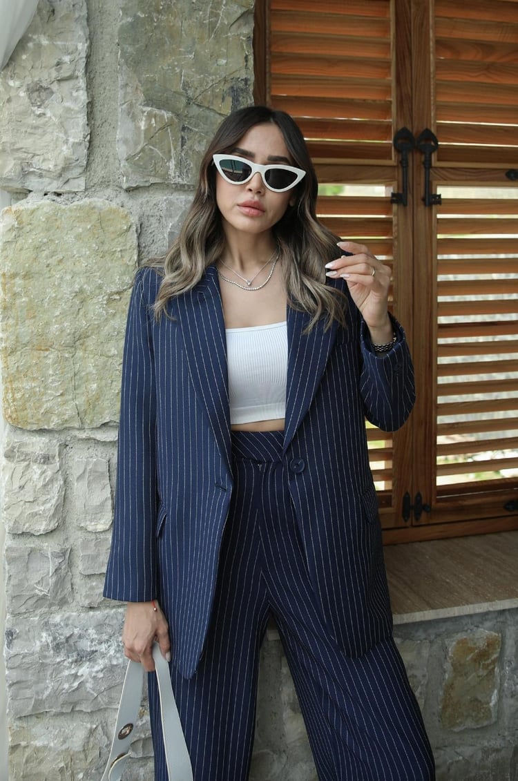 Lacivert Çizgili Never Pantolon Blazer Takım