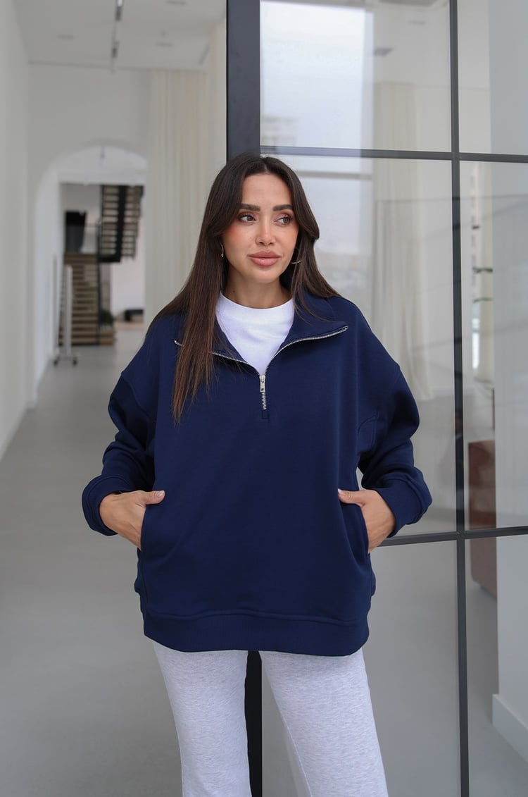 Lacivert Collar Fermuarlı Dik Yaka Sweatshirt