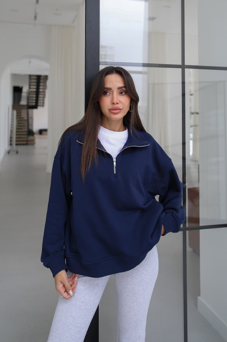 Lacivert Collar Fermuarlı Dik Yaka Sweatshirt