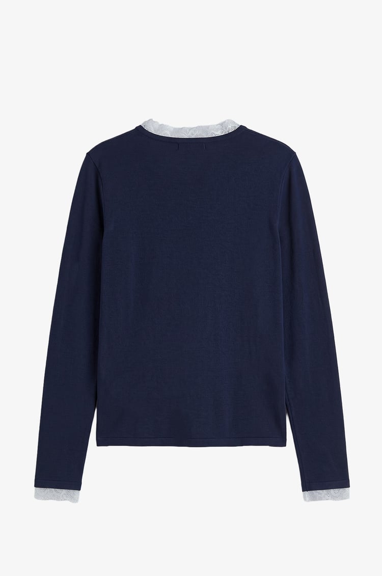 Lacivert Dantelli Long Sleeve Triko Bluz