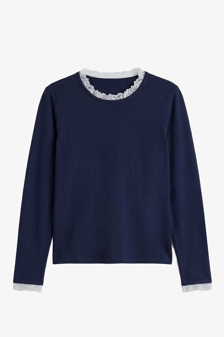 Lacivert Dantelli Long Sleeve Triko Bluz