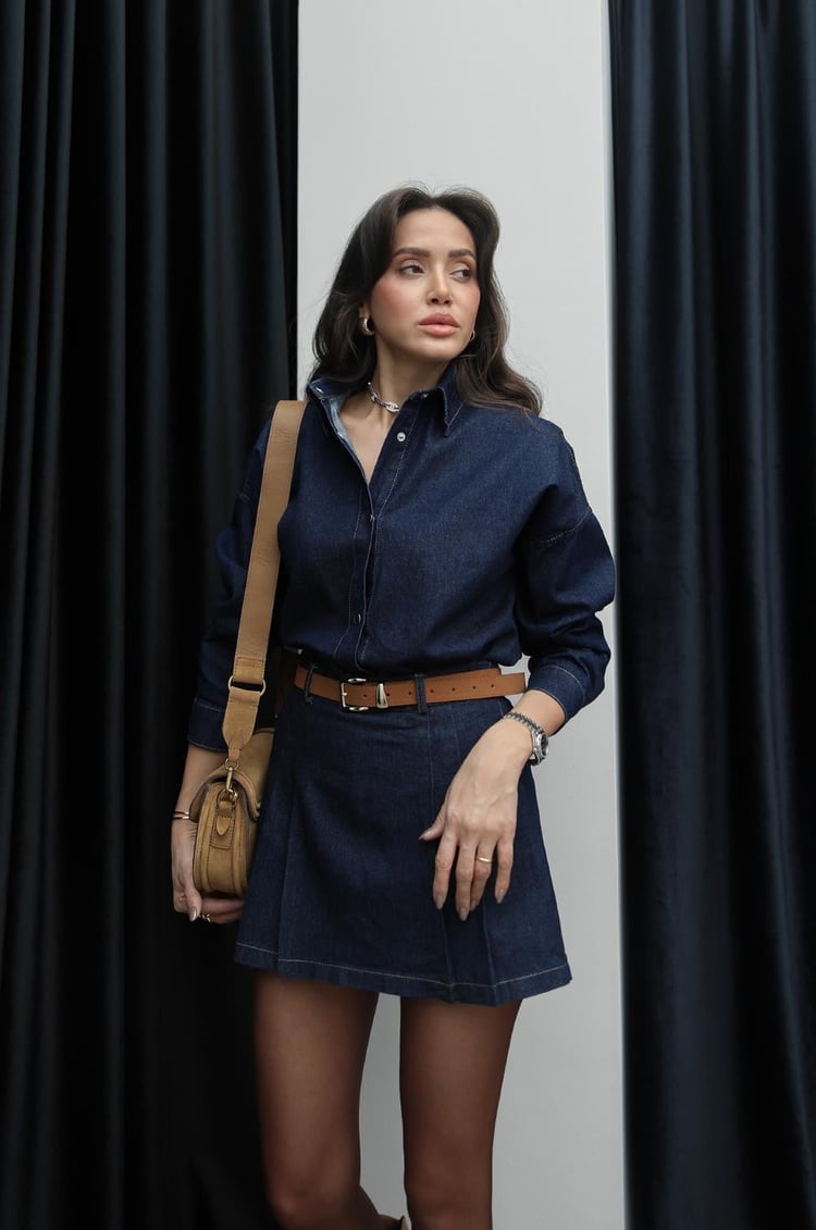Lacivert Denim Gömlek Etek Takım