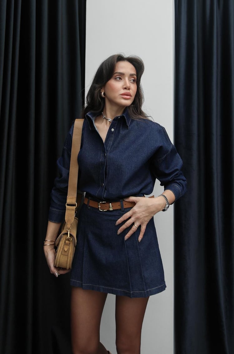Lacivert Denim Gömlek Etek Takım