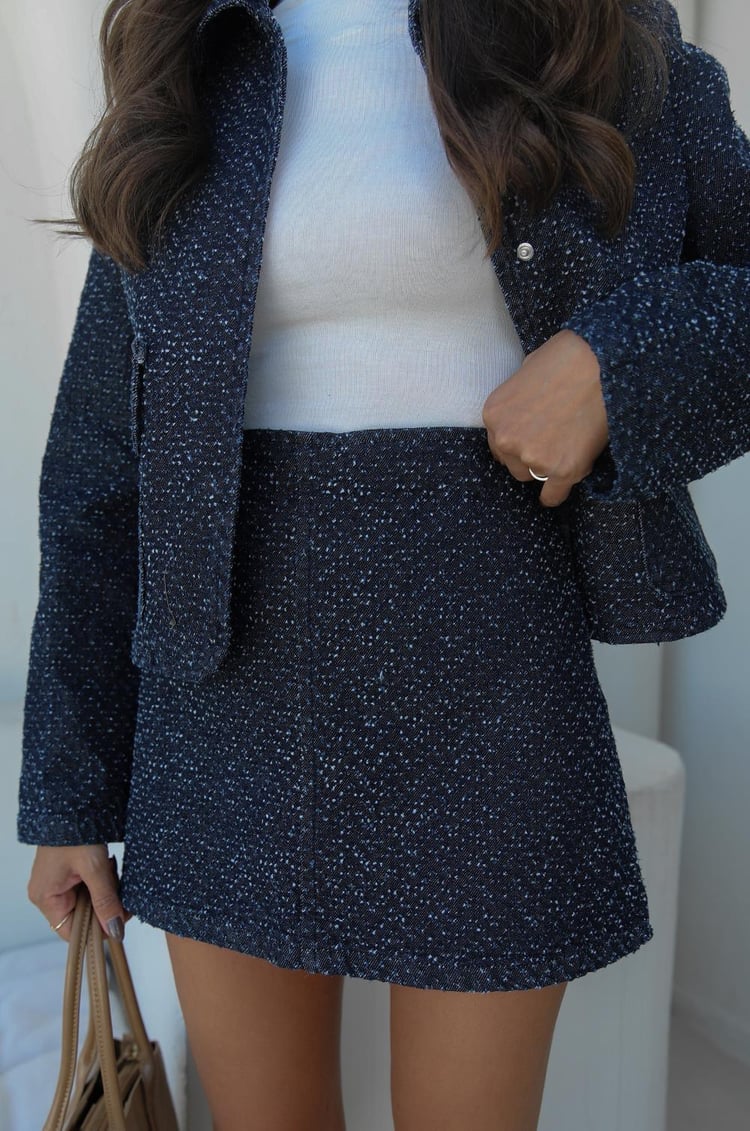 Lacivert Dokulu Etek Ceket Denim Takım