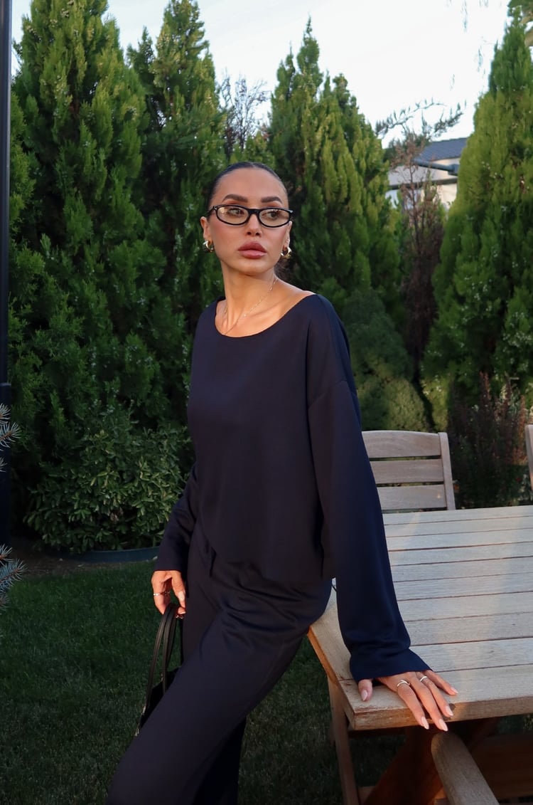 Lacivert Düşük Omuz Oversize Bluz Pantolon Takım 