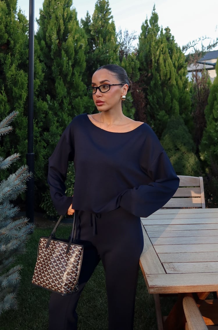 Lacivert Düşük Omuz Oversize Bluz Pantolon Takım 