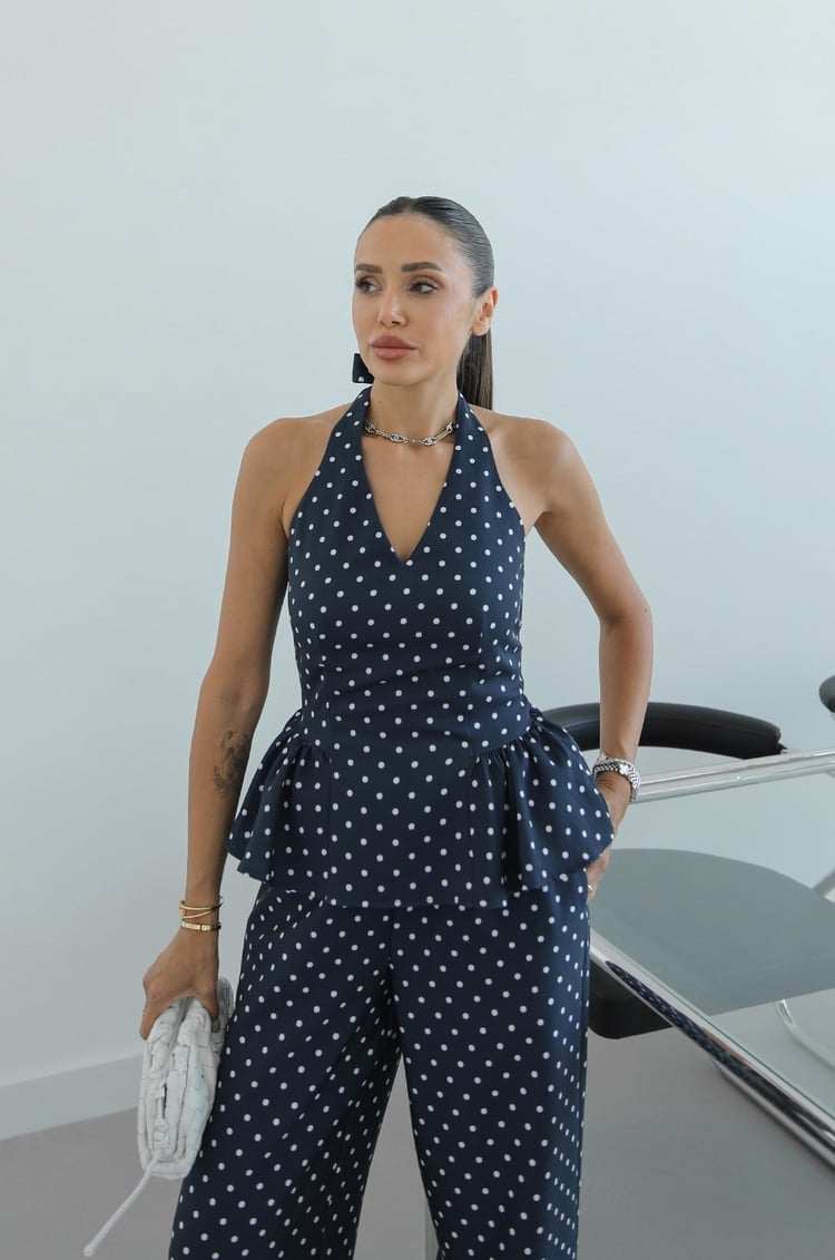 Lacivert Felis Puantiyeli Bluz Pantolon Takım