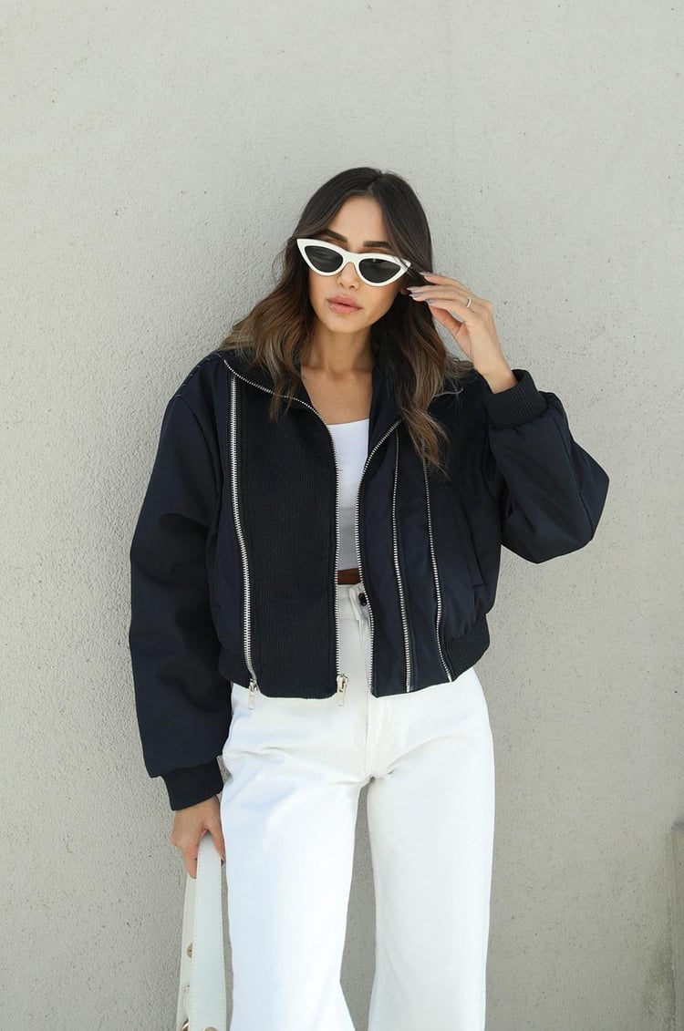 Lacivert Fermuar Detaylı Kontrast Bomber Ceket