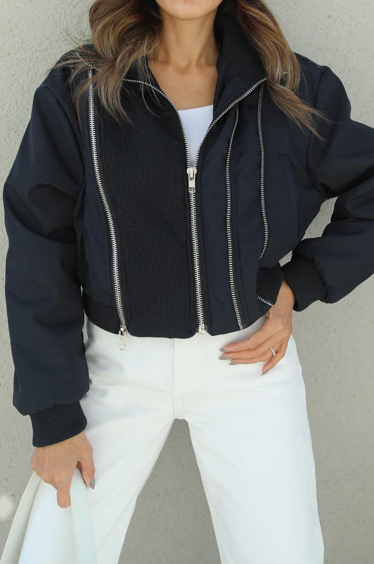Lacivert Fermuar Detaylı Kontrast Bomber Ceket