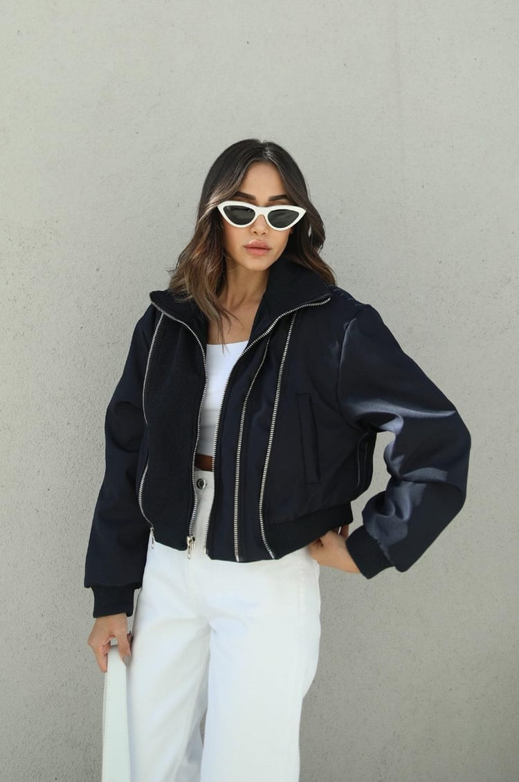 Lacivert Fermuar Detaylı Kontrast Bomber Ceket