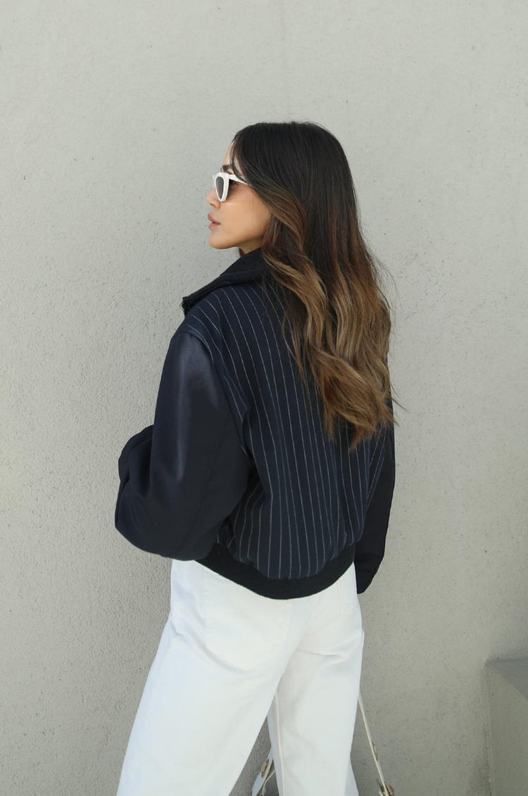 Lacivert Fermuar Detaylı Kontrast Bomber Ceket