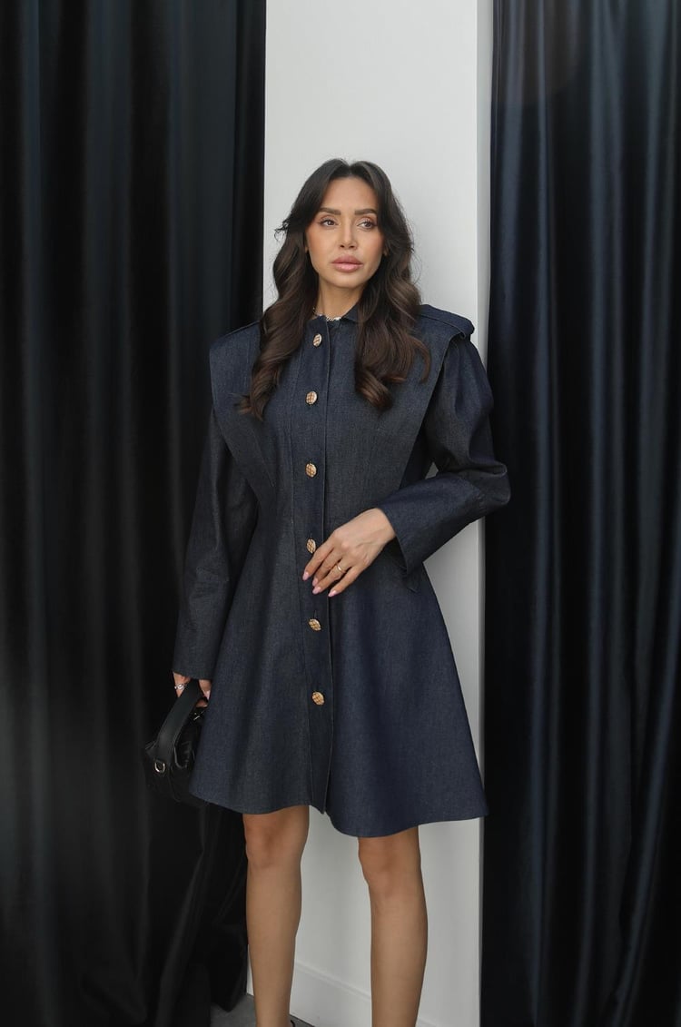 Lacivert Gold Düğmeli Kemerli Denim Elbise