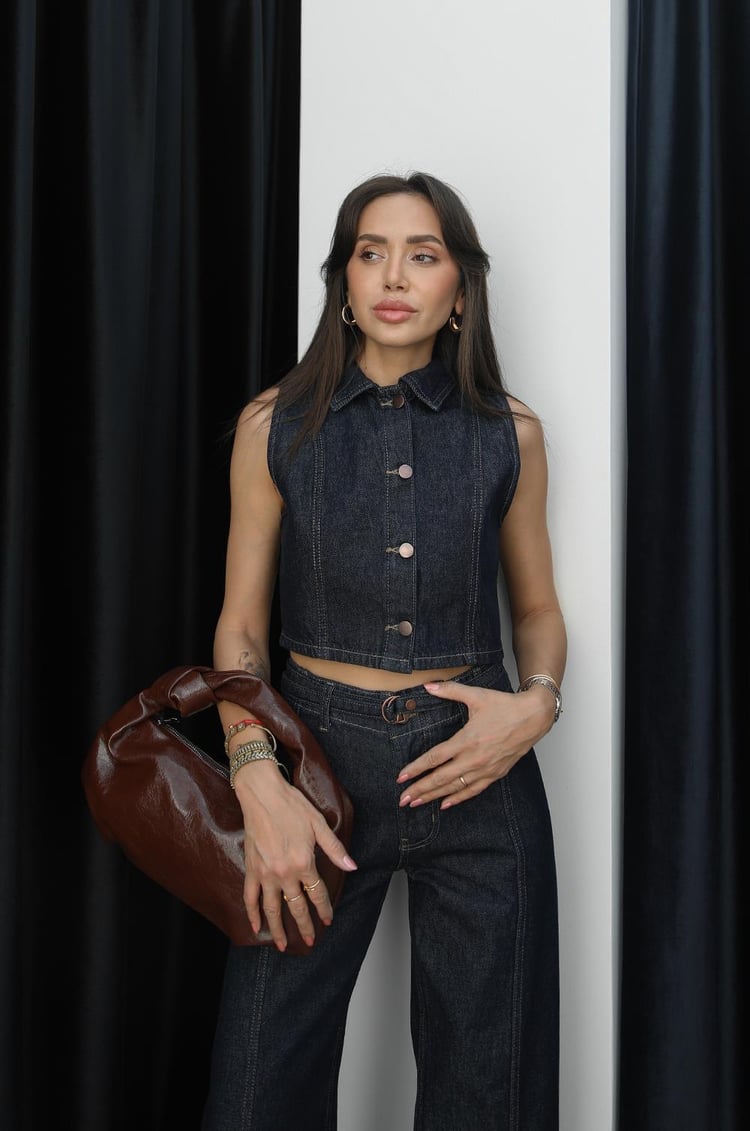 Lacivert İnce Kemerli Pantolon Yelek Denim Takım