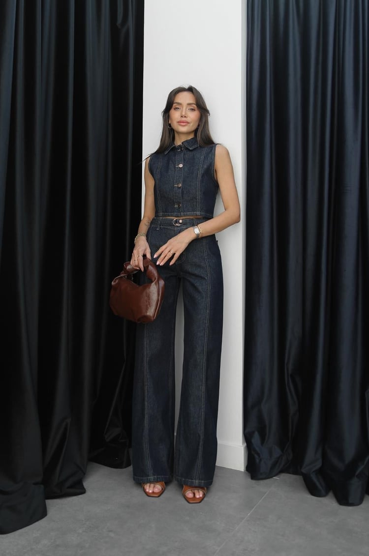 Lacivert İnce Kemerli Pantolon Yelek Denim Takım