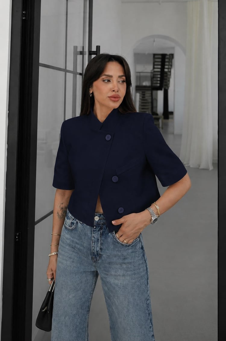 Lacivert Kısa Kollu Crop Blazer Ceket