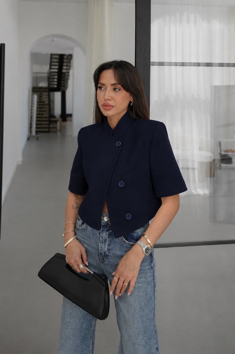 Lacivert Kısa Kollu Crop Blazer Ceket