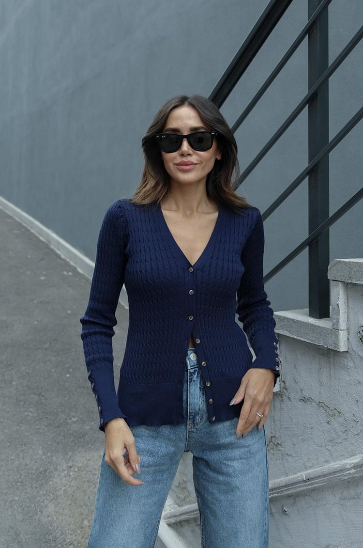 Lacivert Kolları Düğme Detaylı Hırka