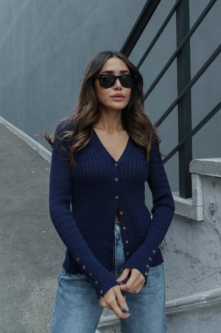 Lacivert Kolları Düğme Detaylı Hırka