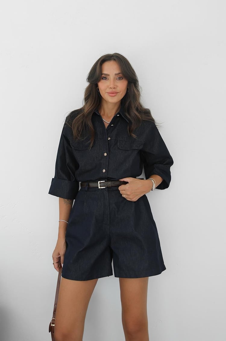 Lacivert Kolları Katlama Detaylı Gömlek Şort Denim Takım