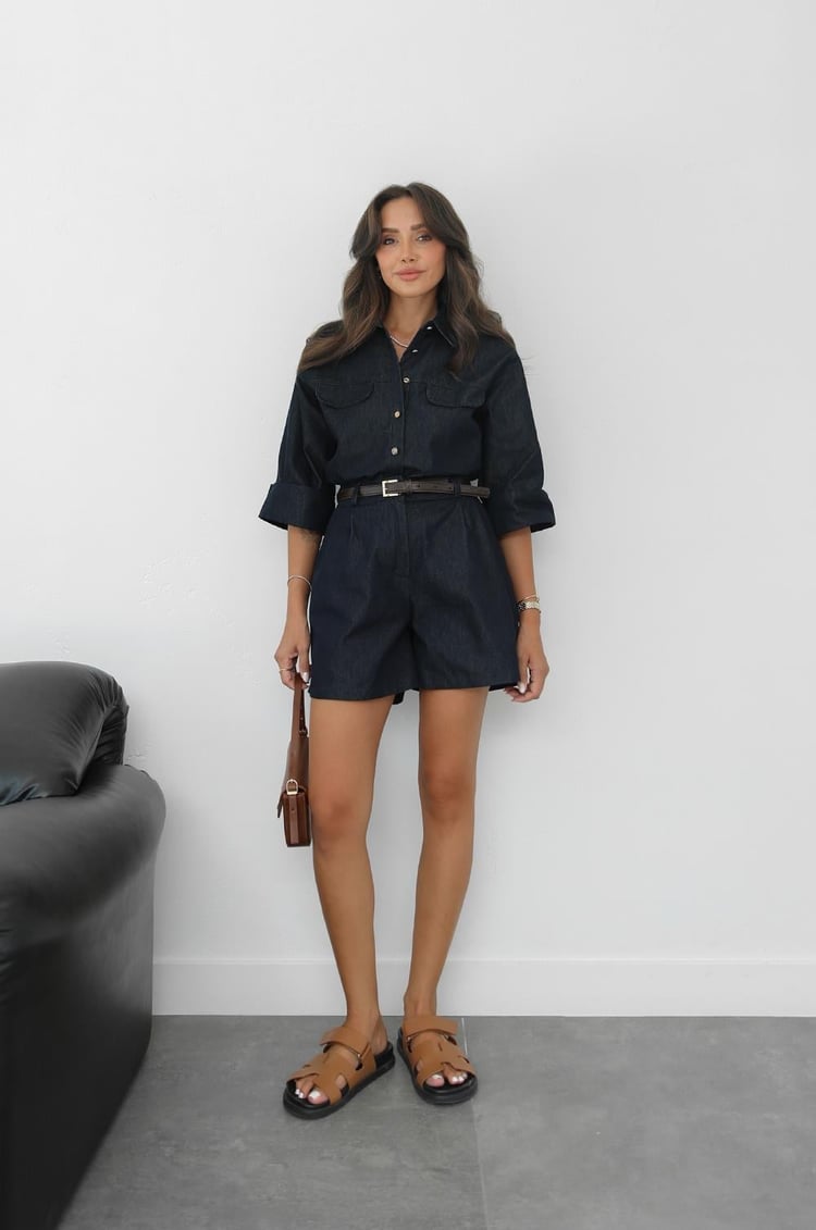 Lacivert Kolları Katlama Detaylı Gömlek Şort Denim Takım