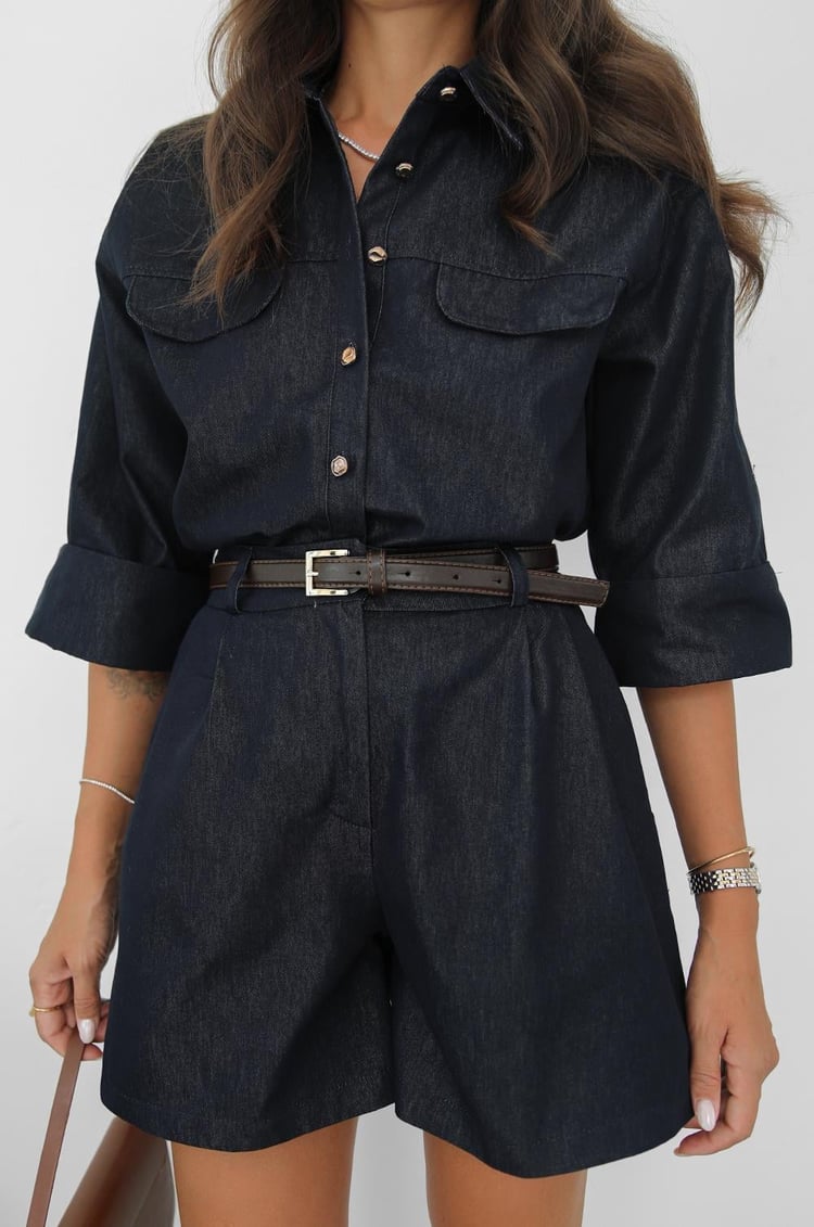 Lacivert Kolları Katlama Detaylı Gömlek Şort Denim Takım