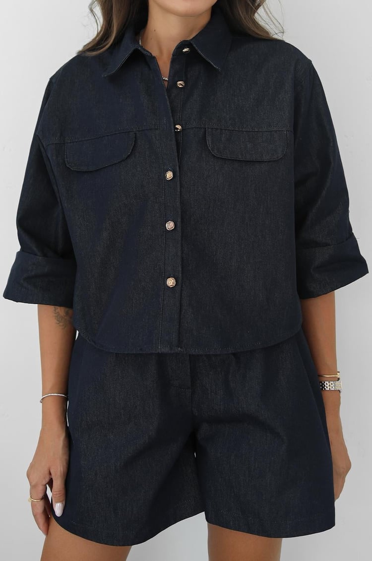 Lacivert Kolları Katlama Detaylı Gömlek Şort Denim Takım