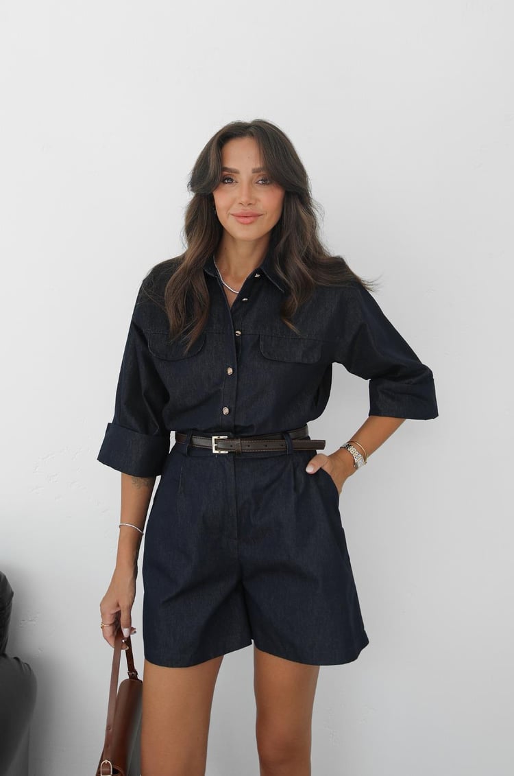 Lacivert Kolları Katlama Detaylı Gömlek Şort Denim Takım