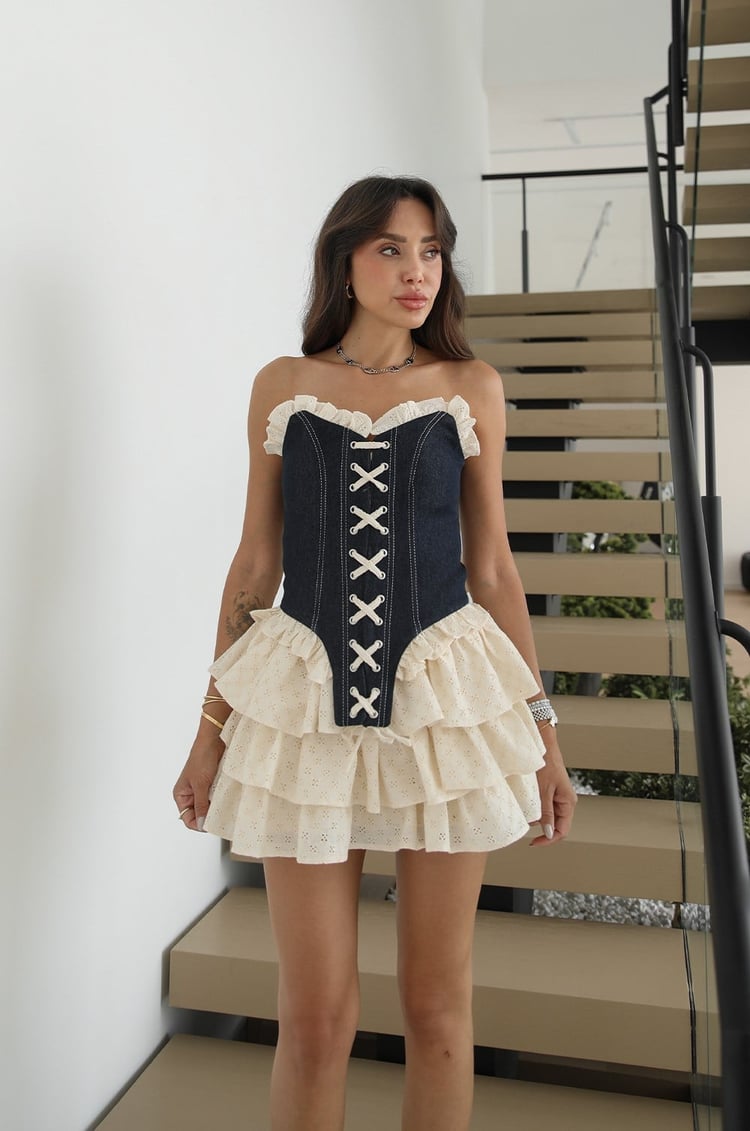Lacivert Lene Denim Korse Bluz Etek Takım