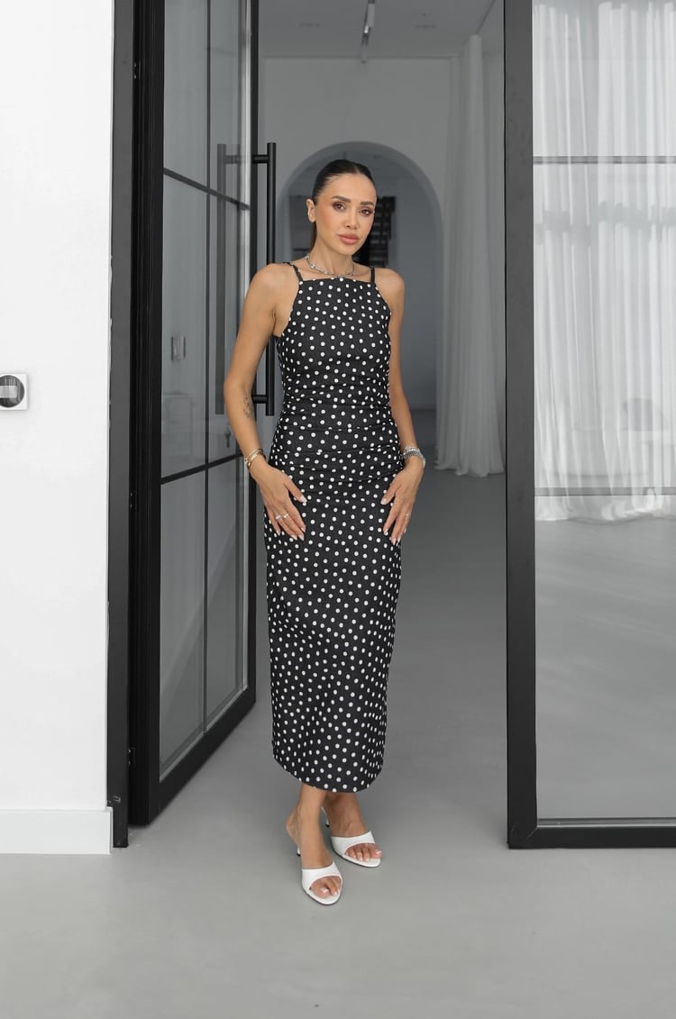 Lacivert Levin Puantiyeli Denim Elbise