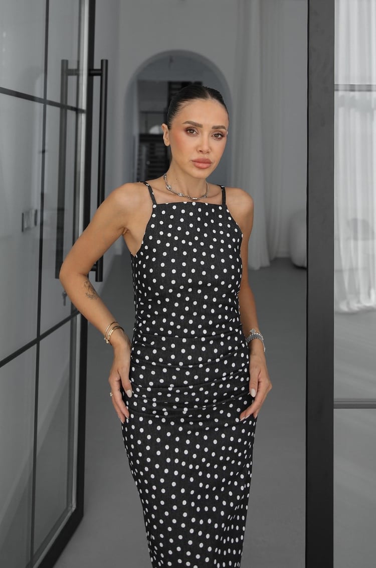 Lacivert Levin Puantiyeli Denim Elbise