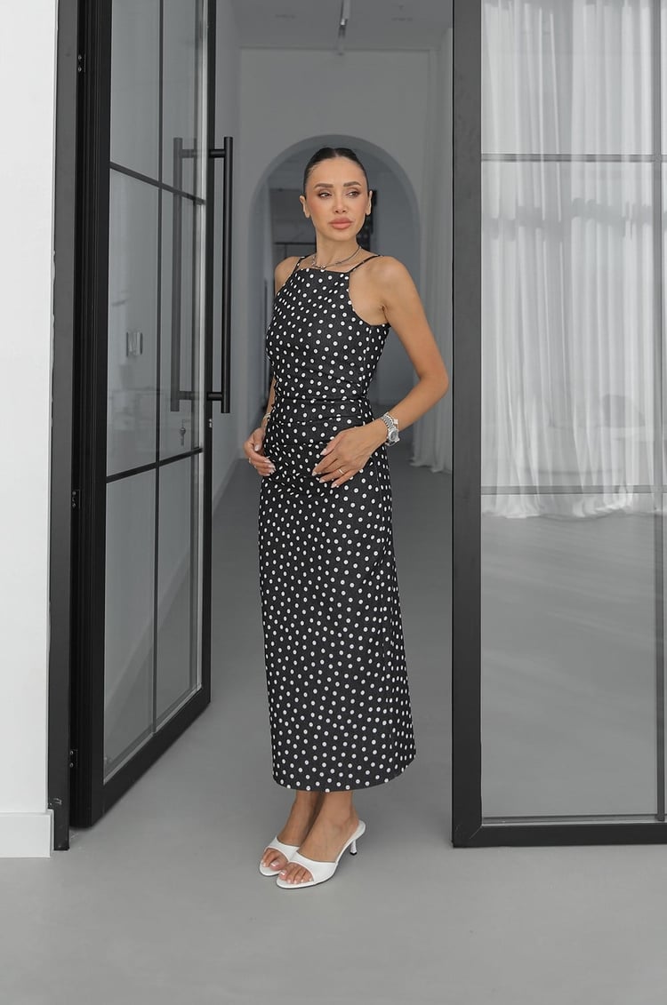 Lacivert Levin Puantiyeli Denim Elbise