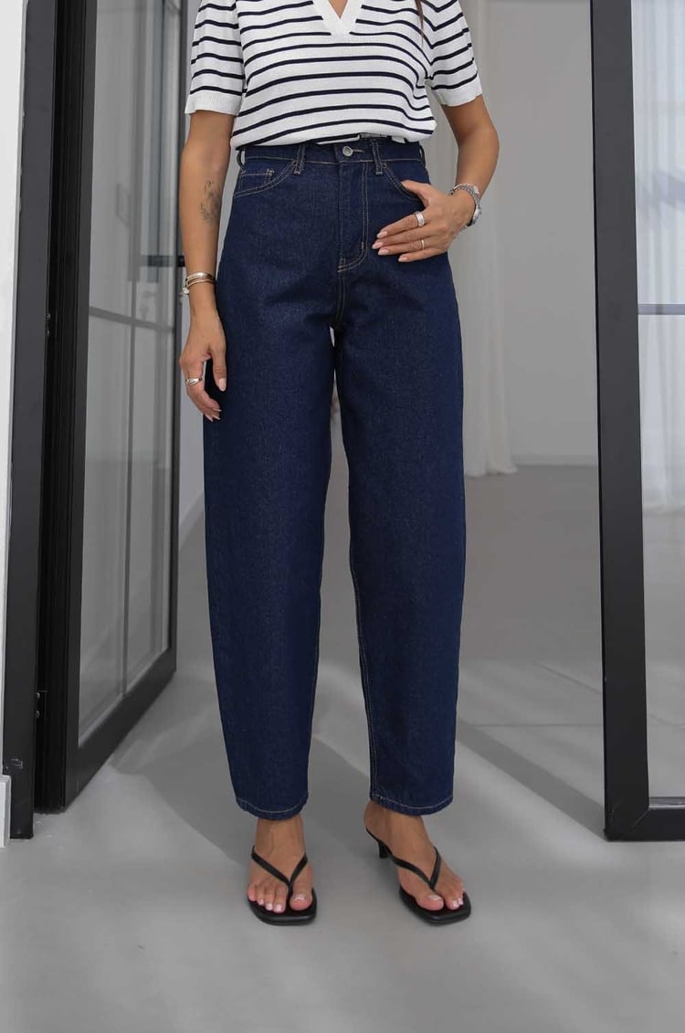 Lacivert Lumex Yüksek Bel Barrel Fit Jean