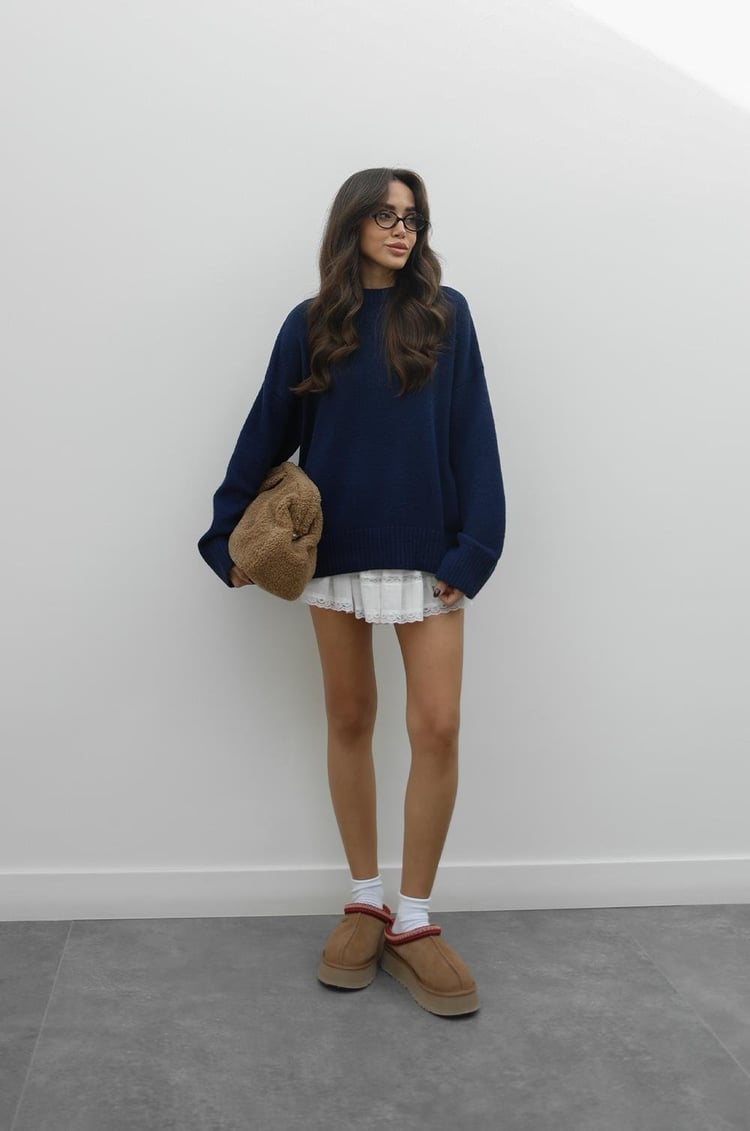 Lacivert Mary Bisiklet Yaka Oversize Triko Kazak