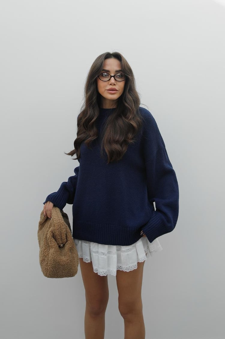 Lacivert Mary Bisiklet Yaka Oversize Triko Kazak