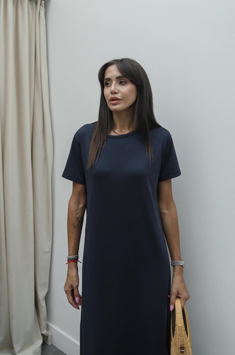 Lacivert Melina Yırtmaçlı Elbise