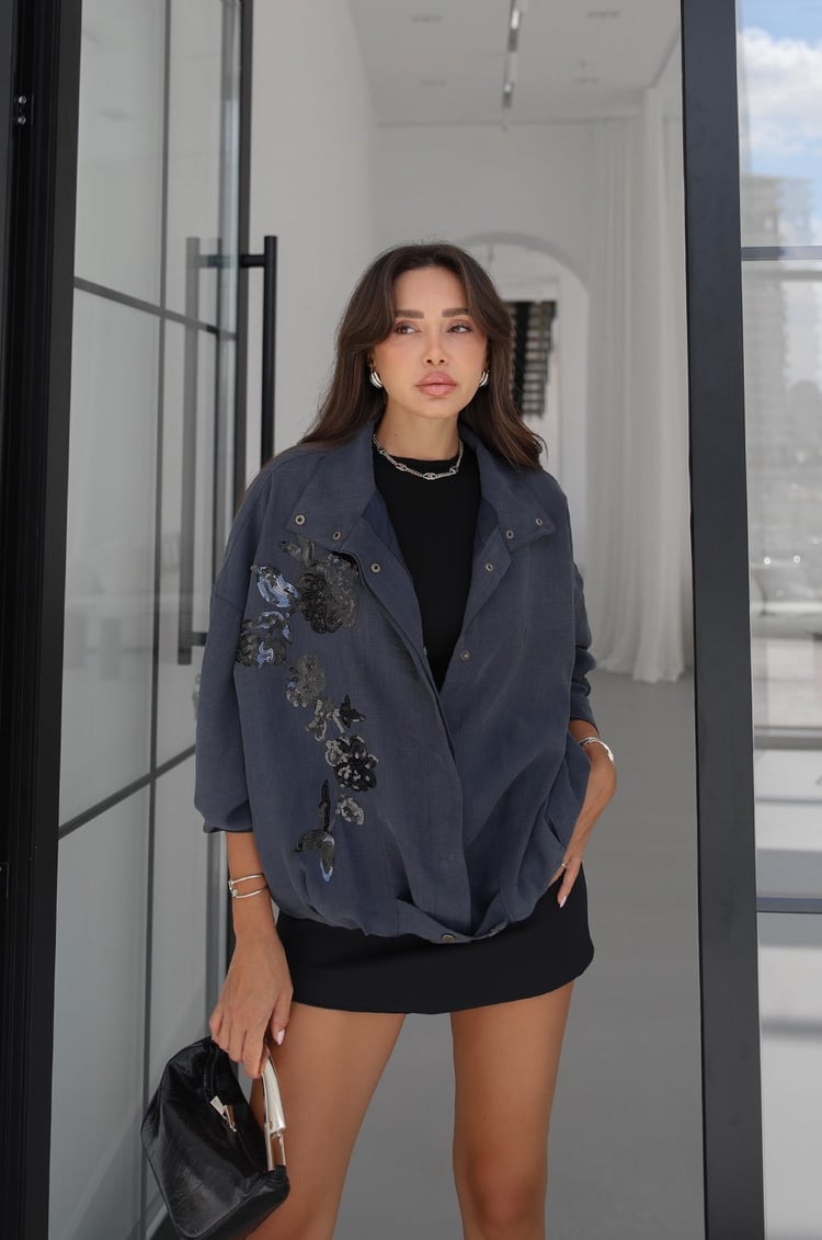 Lacivert Nakış İşlemeli Bomber Ceket