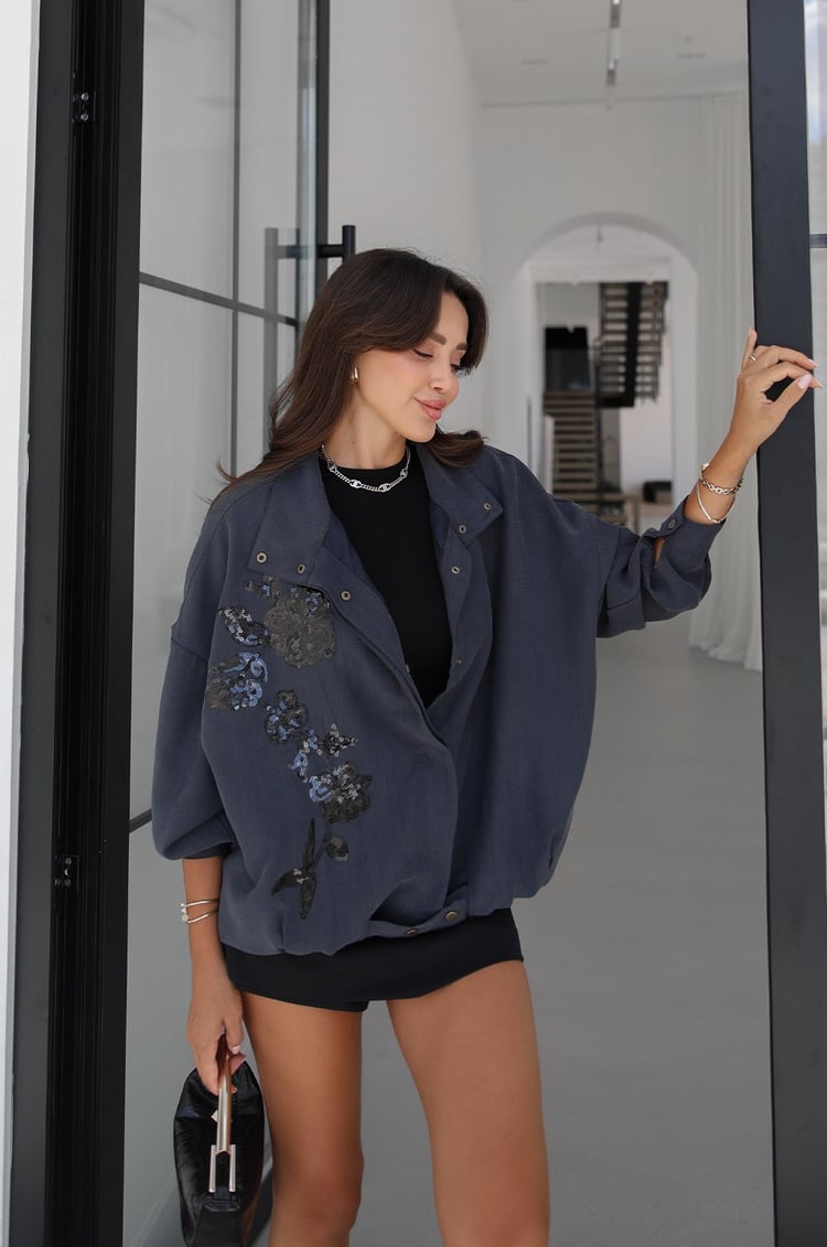 Lacivert Nakış İşlemeli Bomber Ceket