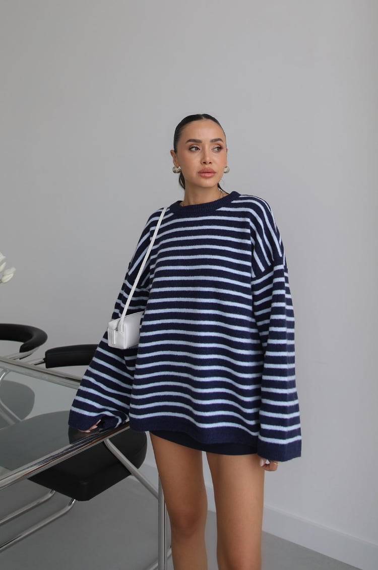 Lacivert Noyan Oversize Çizgili Triko Kazak