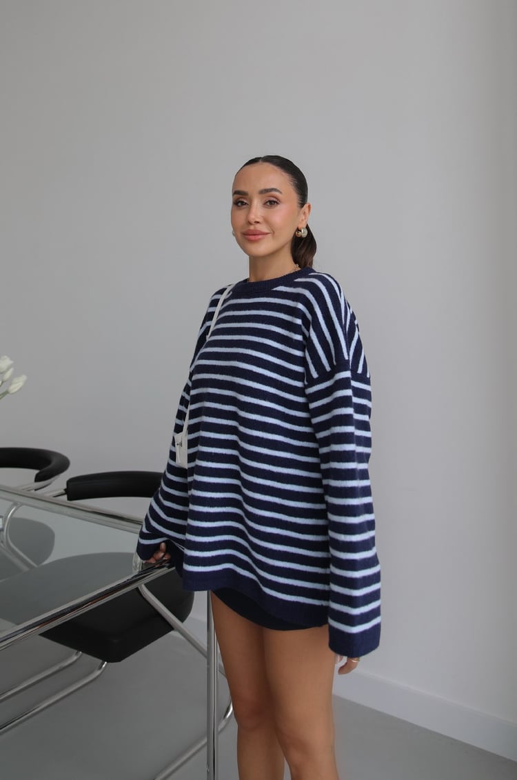 Lacivert Noyan Oversize Çizgili Triko Kazak