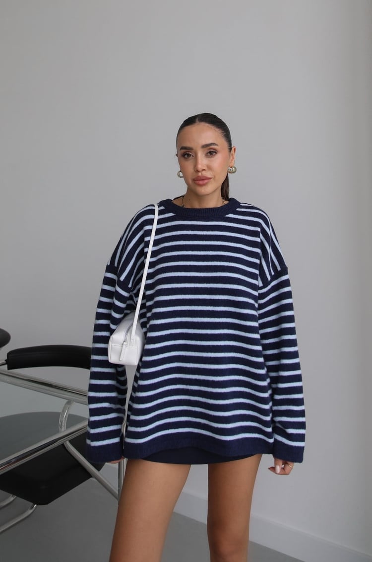 Lacivert Noyan Oversize Çizgili Triko Kazak