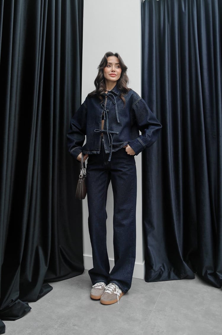 Lacivert Önü Bağlamalı Denim Bluz Ceket