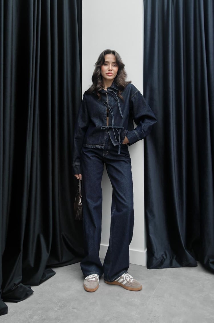Lacivert Önü Bağlamalı Denim Bluz Ceket