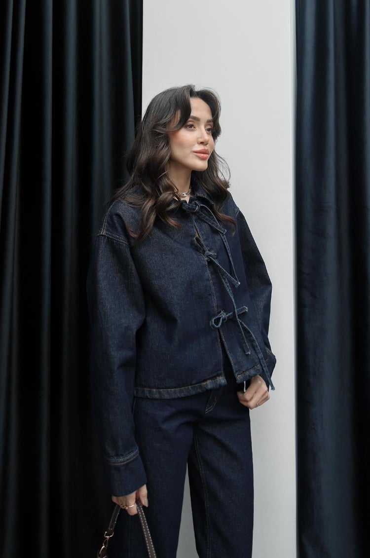 Lacivert Önü Bağlamalı Denim Bluz Ceket