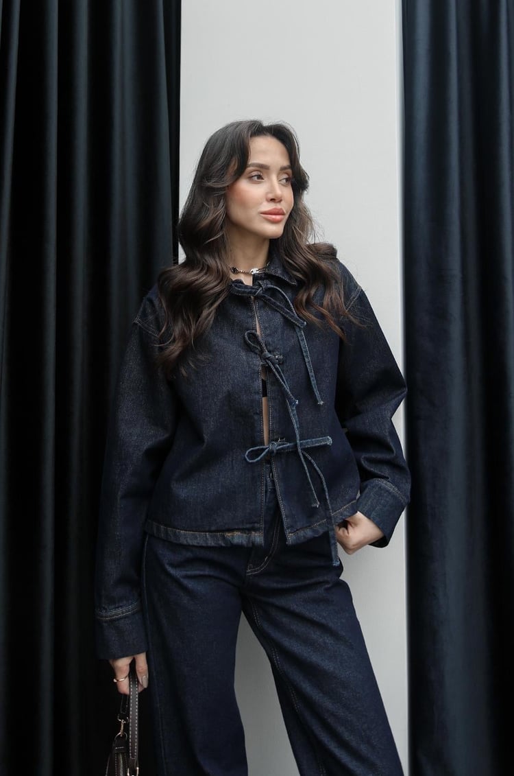 Lacivert Önü Bağlamalı Denim Bluz Ceket