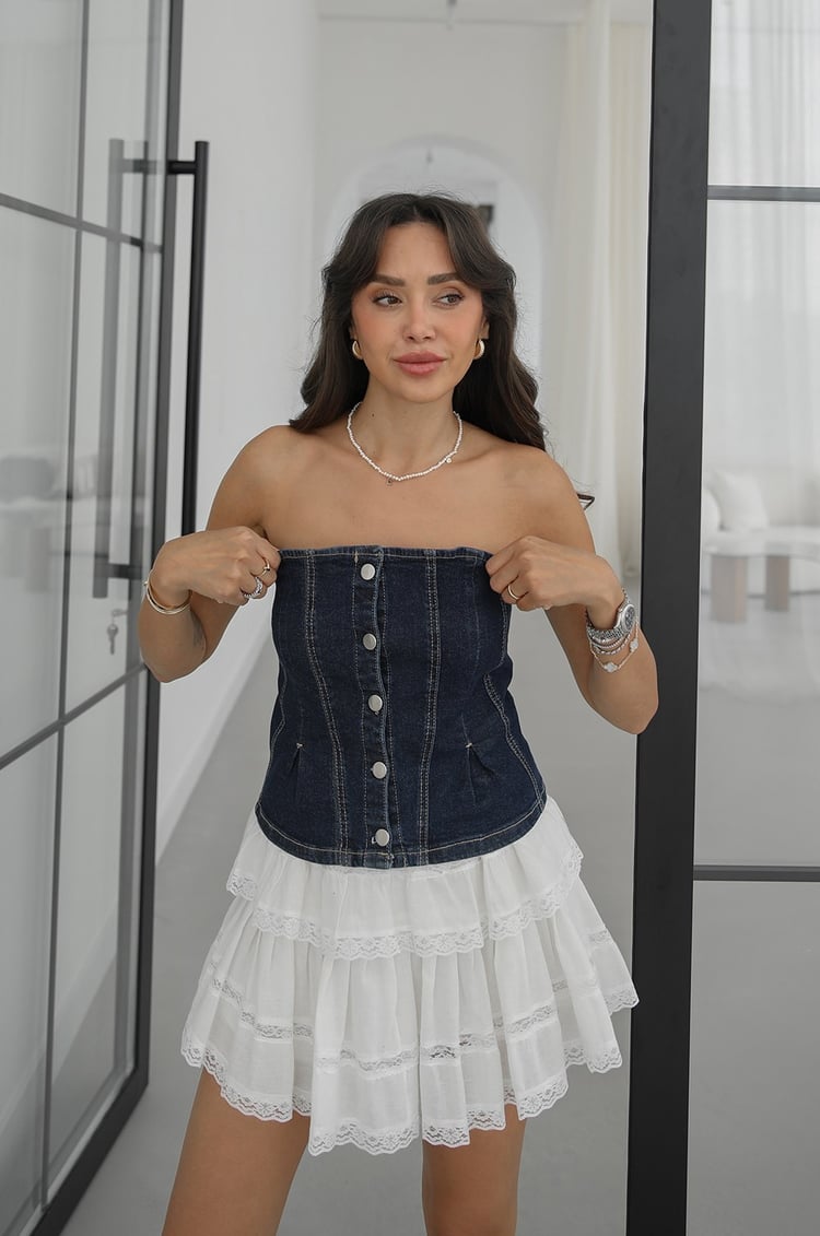 Lacivert Önü Düğmeli Straplez Denim Bluz