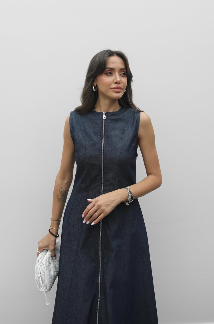 Lacivert Önü Fermuarlı Maxi Denim Elbise