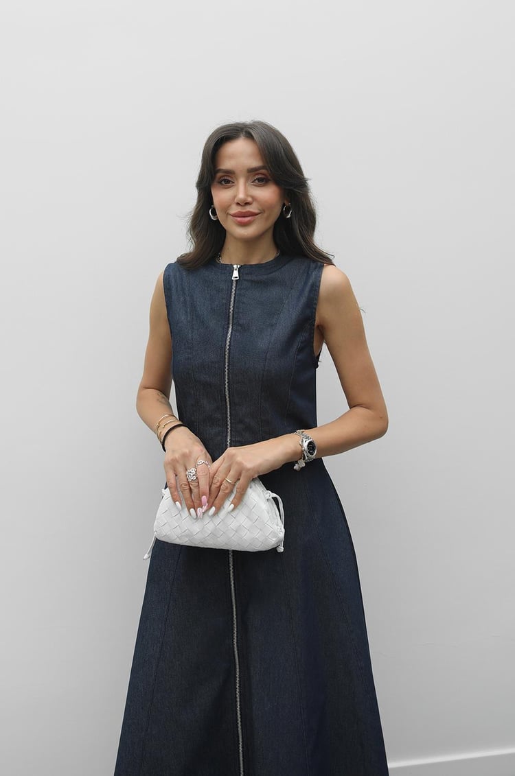 Lacivert Önü Fermuarlı Maxi Denim Elbise