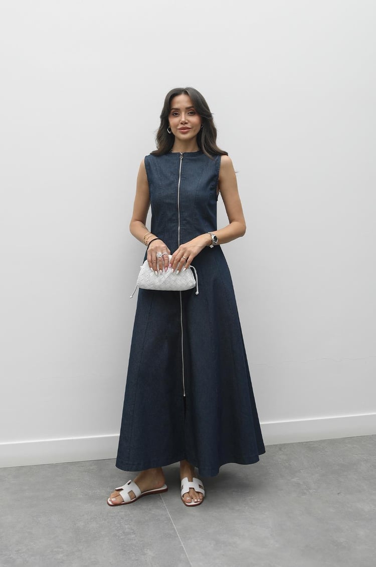 Lacivert Önü Fermuarlı Maxi Denim Elbise